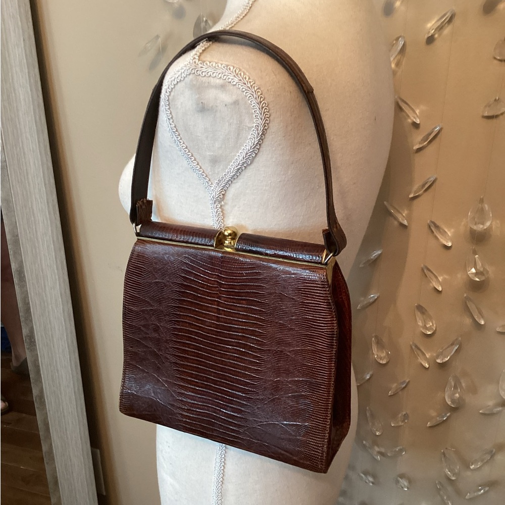 Vintage Brown Lizard-Textured Satchel with Gold Tone Frame